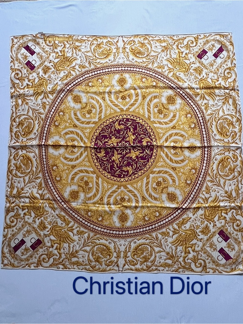 Dior Gold and Burgundy Medallion Silk Scarf